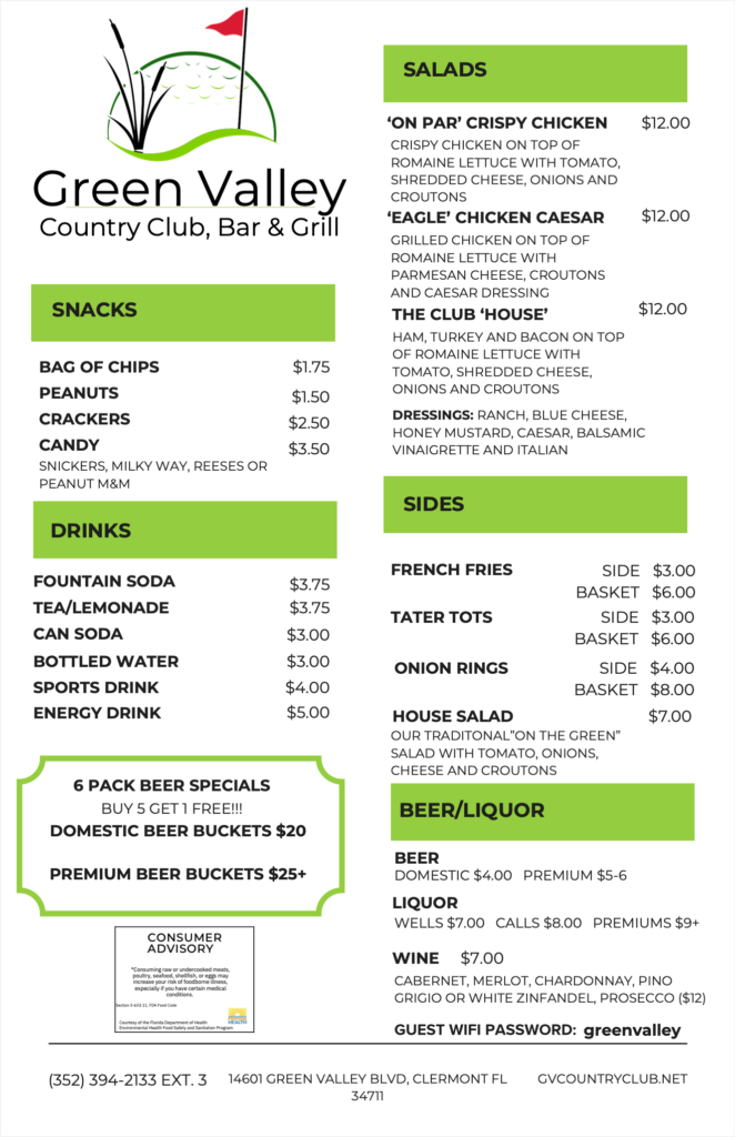 THE VALLEY BAR & GRILL MENU - Green Valley Country Club Clermont - GVCountryClub.net