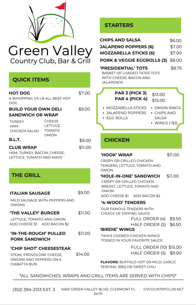 THE VALLEY BAR & GRILL MENU - Green Valley Country Club Clermont - GVCountryClub.net